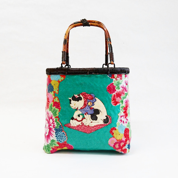 一閑張りバッグ “花と猫シリーズ 小” 浮世絵仕上げ かごバッグ Momo