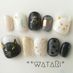 neko-chan（白・黒）*ネイルチップ ネコ 押し花 猫 ねこ ネイル