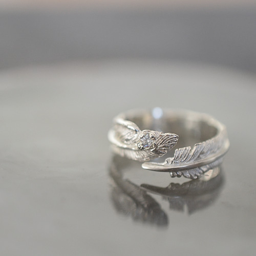 SILVER925/キュービック付きフェザーリング 羽モチーフ 指輪