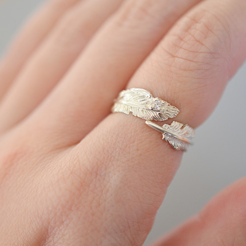 SILVER925/キュービック付きフェザーリング 羽モチーフ 指輪