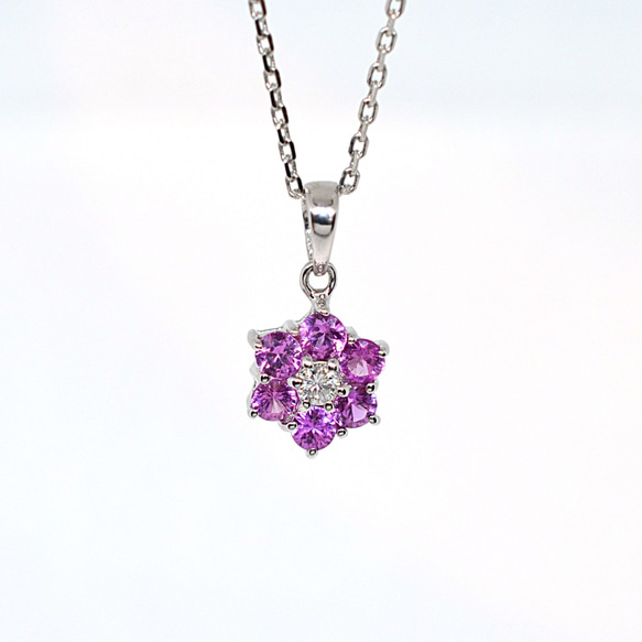 1点物K18WG ピンクサファイアとダイヤモンドのお花ペンダントトップ 3枚目の画像