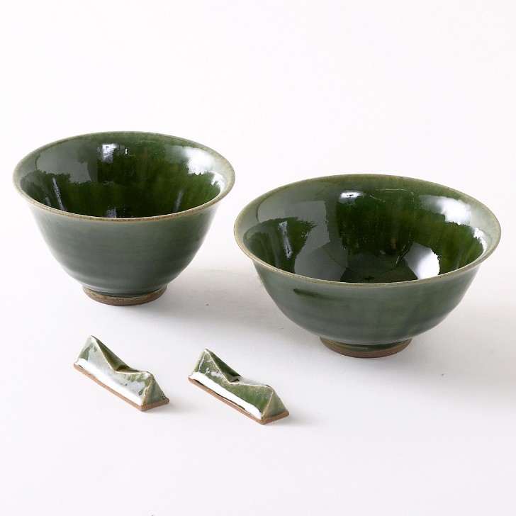 FUDOH　織部　夫婦碗（箸置2ケ付き）