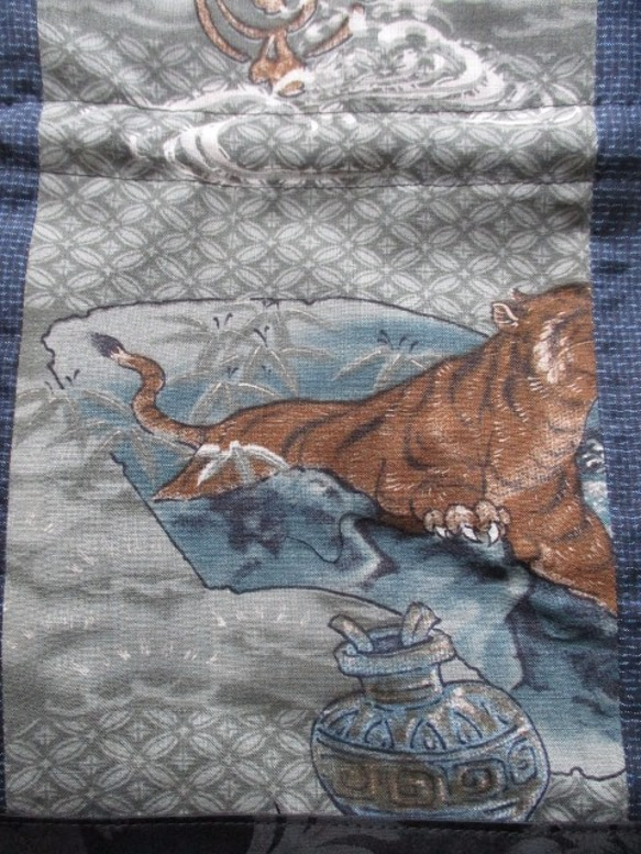 送料無料　藍大島紬とモスの長襦袢で作った巾着袋　３０９３ 4枚目の画像
