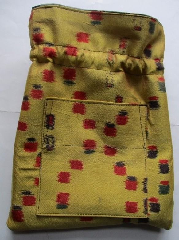 送料無料　藍大島紬とモスの長襦袢で作った巾着袋　３０９３ 7枚目の画像