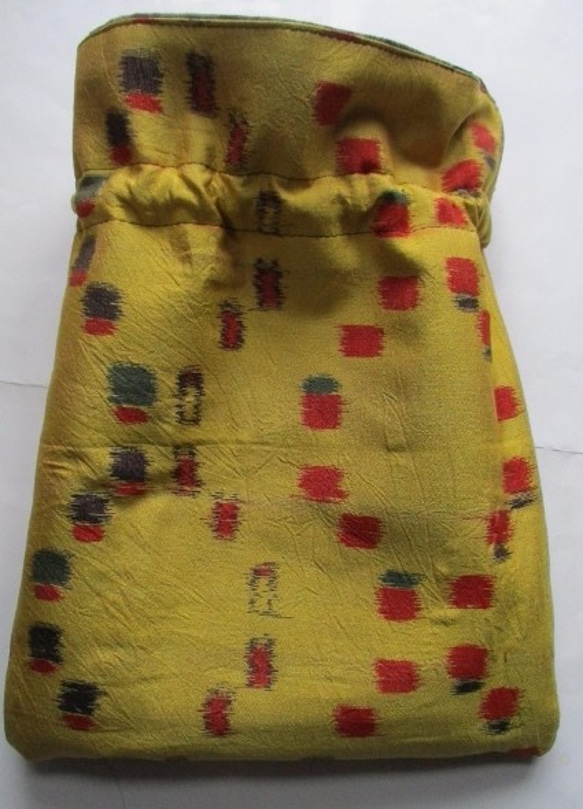 送料無料　藍大島紬とモスの長襦袢で作った巾着袋　３０９３ 8枚目の画像