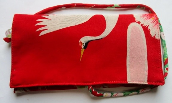 ４３０３　＃送料無料　鶴の柄の着物で作った和風財布・ポーチ 4枚目の画像