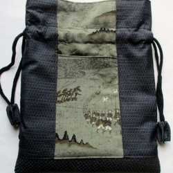 ４８８９　長襦袢と藍大島紬で作った巾着袋　＃送料無料 5枚目の画像