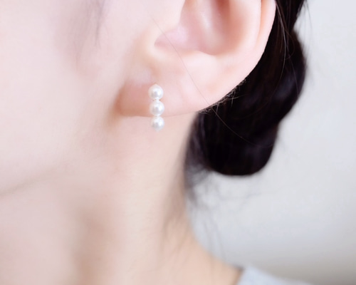 14kgf〉3粒パールピアス・イヤリング 【金属アレルギー対応