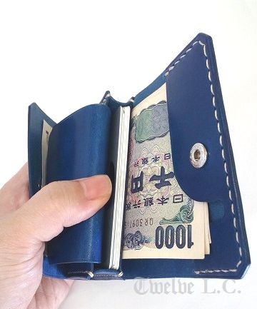 3つ折りコンパクトウォレット（ブルー）　オイルヌメ