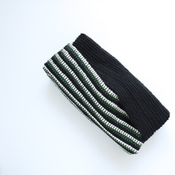 裂織ボックスティッシュカバー手織り ブラック×グリーンストライプ 3枚目の画像