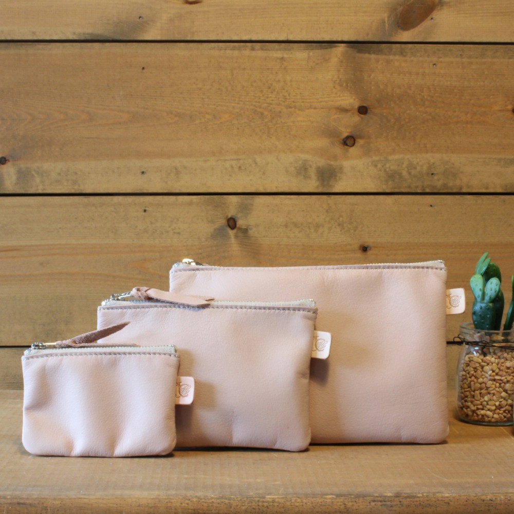 小物収納3個セット　本革ポーチ　ピンク　母の日