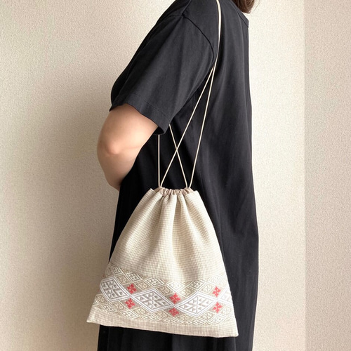 Creema限定》リネン 巾着バッグ ベージュ千鳥格子×白グラデーション 