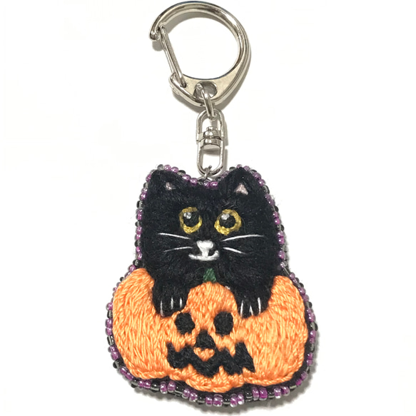 パンプキン黒猫　ハロウィンキーホルダー　かぼちゃ猫 2枚目の画像