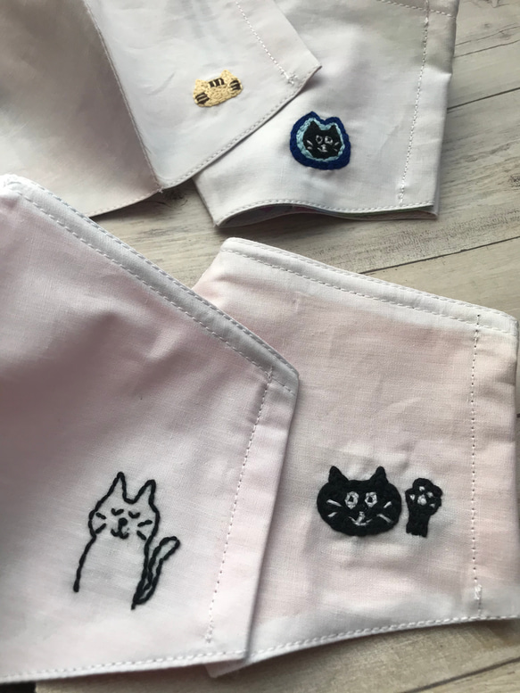 手刺繍　ねこワンポイント　シンプル 立体マスク　ノーズワイヤー入り 8枚目の画像