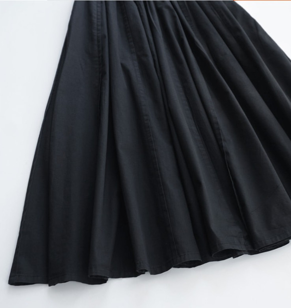 スカート　コットン　ロングプリーツスカート　フレアスカート　裾フリー　ブラック 4枚目の画像