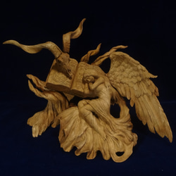 『 魔導書と片翼の天使 』　木彫刻 アート グリモワール　芸術 アート 女性 ハンドメイド  手彫り　エンジェル 彫刻 1枚目の画像