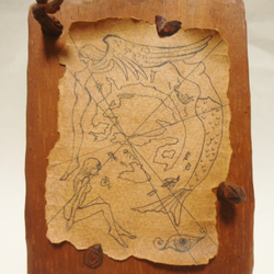 彫刻イラストアート 『 異世界地図 』 木彫刻　イラスト　天使　世界　人魚　海　地図 1枚目の画像