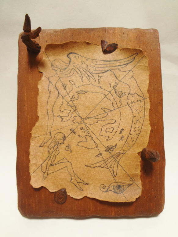 彫刻イラストアート 『 異世界地図 』 木彫刻 イラスト 天使 世界 人魚