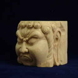 仏頭キューブ『 不動明王 』 木彫刻仏像 仏教芸術作品　檜材 2枚目の画像