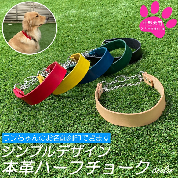 名入れ可 中型犬 ハーフチョーク シンプルデザイン 首輪 レザーハーフチョーク レザー 本革 ヌメ革 しつけ 2枚目の画像