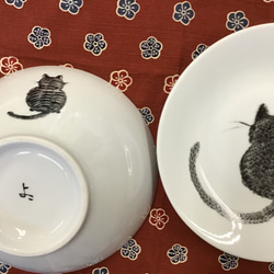 ラーメン丼受け皿付き　手描き　猫 1枚目の画像