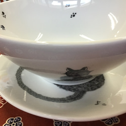 ラーメン丼受け皿付き　手描き　猫 5枚目の画像