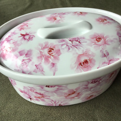 陶器　キャセロール　蓋物　ピンク薔薇の上絵付け付き 1枚目の画像