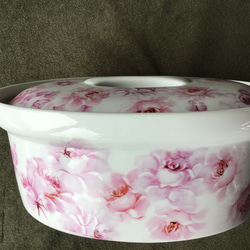 陶器　キャセロール　蓋物　ピンク薔薇の上絵付け付き 4枚目の画像