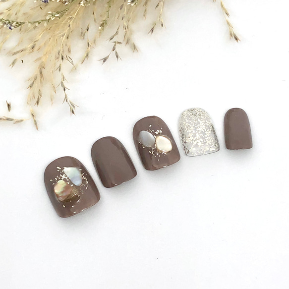 オーダーネイルチップNo.77 大人キレイ シェル ラメ グレージュパール色 15】ネイルチップ/グレージュ/秋ネイル/シェル/ラメ/オフィス/オーダー