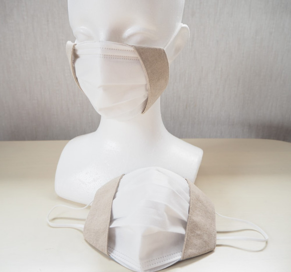 【ゆっこ様専用】ハーフリネンのマスクカバー⁑ナチュラル　不織布マスクがみえる/二重マスク 2枚目の画像