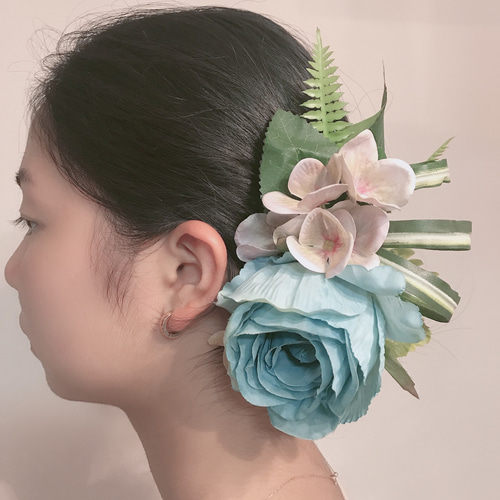 フラダンス髪飾り ヘアクリップ ブルーローズ ヘッドドレス