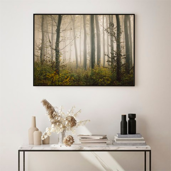 霧に包まれた秋の森 / アートポスター 風景写真 forest 黄色の葉 枯れ葉 落葉 落ち葉 白黒 カラー 横長 3枚目の画像