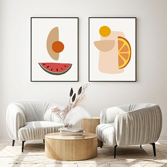 ２枚セット フルーツ / アートポスター 写真 ミニマル 形 アブストラクト 抽象 モダン スイカ オレンジ 果物 1枚目の画像