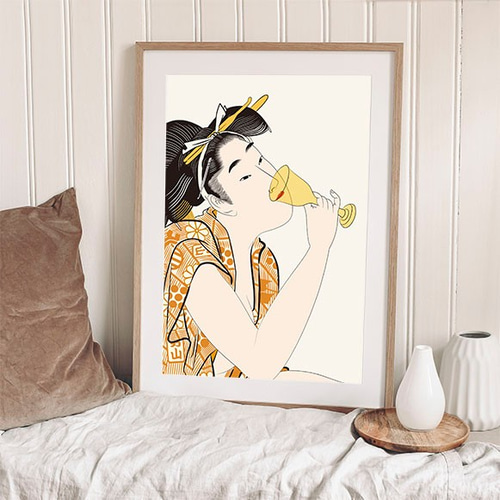 アクリル画 ポップアートな人物画で、浮世絵風。F4サイズ