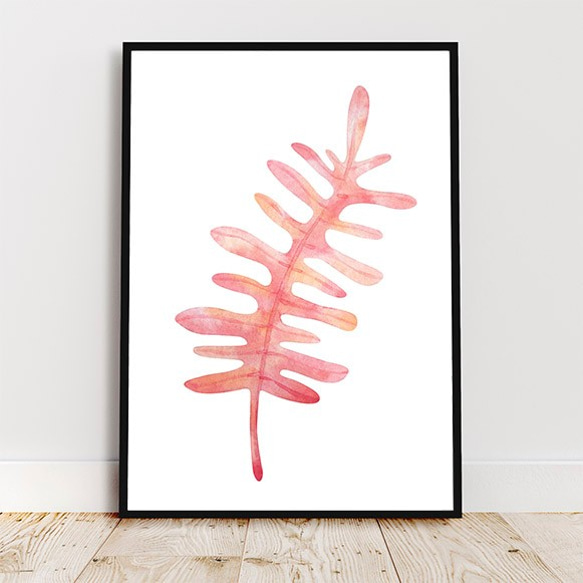 トロピカルリーフ / アートポスター 水彩画 イラスト A3 観葉植物 葉っぱ ピンク インテリア 縦長 2枚目の画像