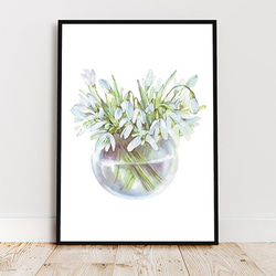 スノードロップ / アートポスター 水彩画 イラスト アートプリント 縦長 花 フラワー ガラスジャー 水 白い花 3枚目の画像