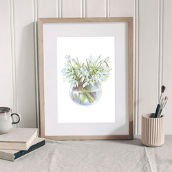 スノードロップ / アートポスター 水彩画 イラスト アートプリント 縦長 花 フラワー ガラスジャー 水 白い花 4枚目の画像