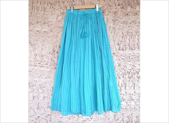 ◆more SALE◆【インド綿】マキシ丈・タッセル付ギャザースカート（NK20-005-mint） 1枚目の画像