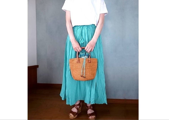 ◆more SALE◆【インド綿】マキシ丈・タッセル付ギャザースカート（NK20-005-mint） 2枚目の画像