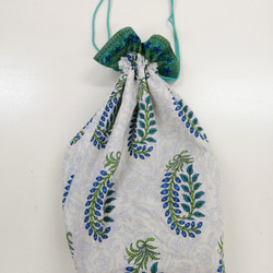 ◆SALE◆【インド綿】巾着　COTTON KINCHAKU①-GREEN　キンチャク　バッグ　布　BAG 9枚目の画像