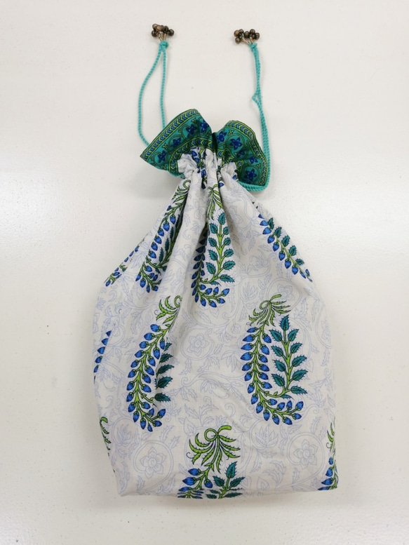 ◆SALE◆【インド綿】巾着　COTTON KINCHAKU①-GREEN　キンチャク　バッグ　布　BAG 9枚目の画像