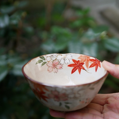 京焼・清水焼 ご飯茶碗 雲錦（桜と紅葉）サイズ：中 茶碗・めし