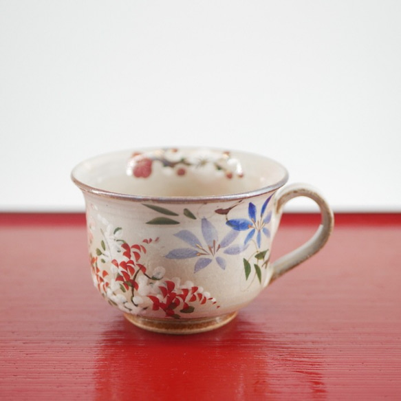 京焼・清水焼　色絵　コーヒーカップ　四季草花（梅・桜・鉄線・萩） 1枚目の画像
