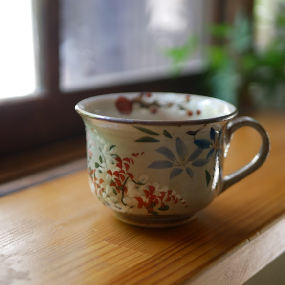 京焼・清水焼　色絵　コーヒーカップ　四季草花（梅・桜・鉄線・萩） 7枚目の画像