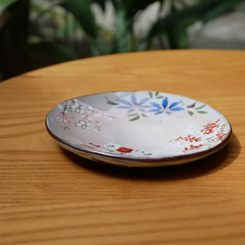 京焼・清水焼 色絵 5寸皿 四季草花（梅・桜・鉄線・萩） 中皿