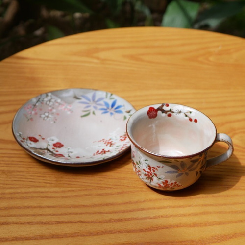 四季草花文・コーヒー碗皿【清水焼】