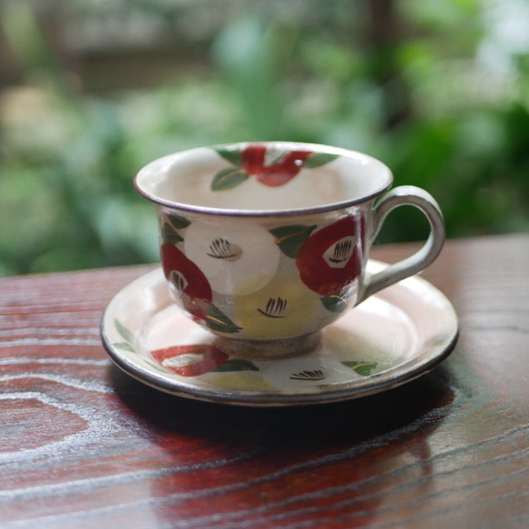 コーヒー碗皿　椿　陶器　京焼 5枚目の画像