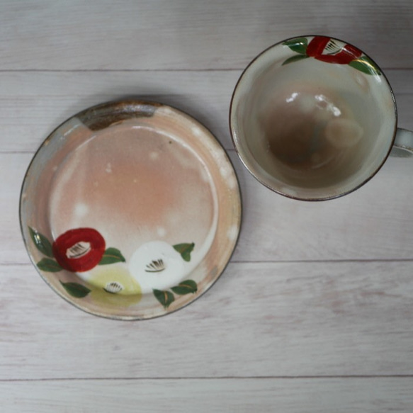 コーヒー碗皿　椿　陶器　京焼 6枚目の画像