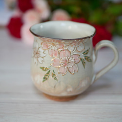 桜（ピンク） マグカップ イッチン 金彩 陶器 京焼 マグカップ Shun
