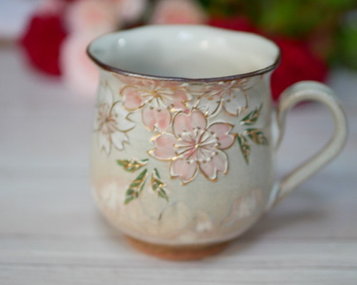 桜（ピンク） マグカップ イッチン 金彩 陶器 京焼 マグカップ Shun
